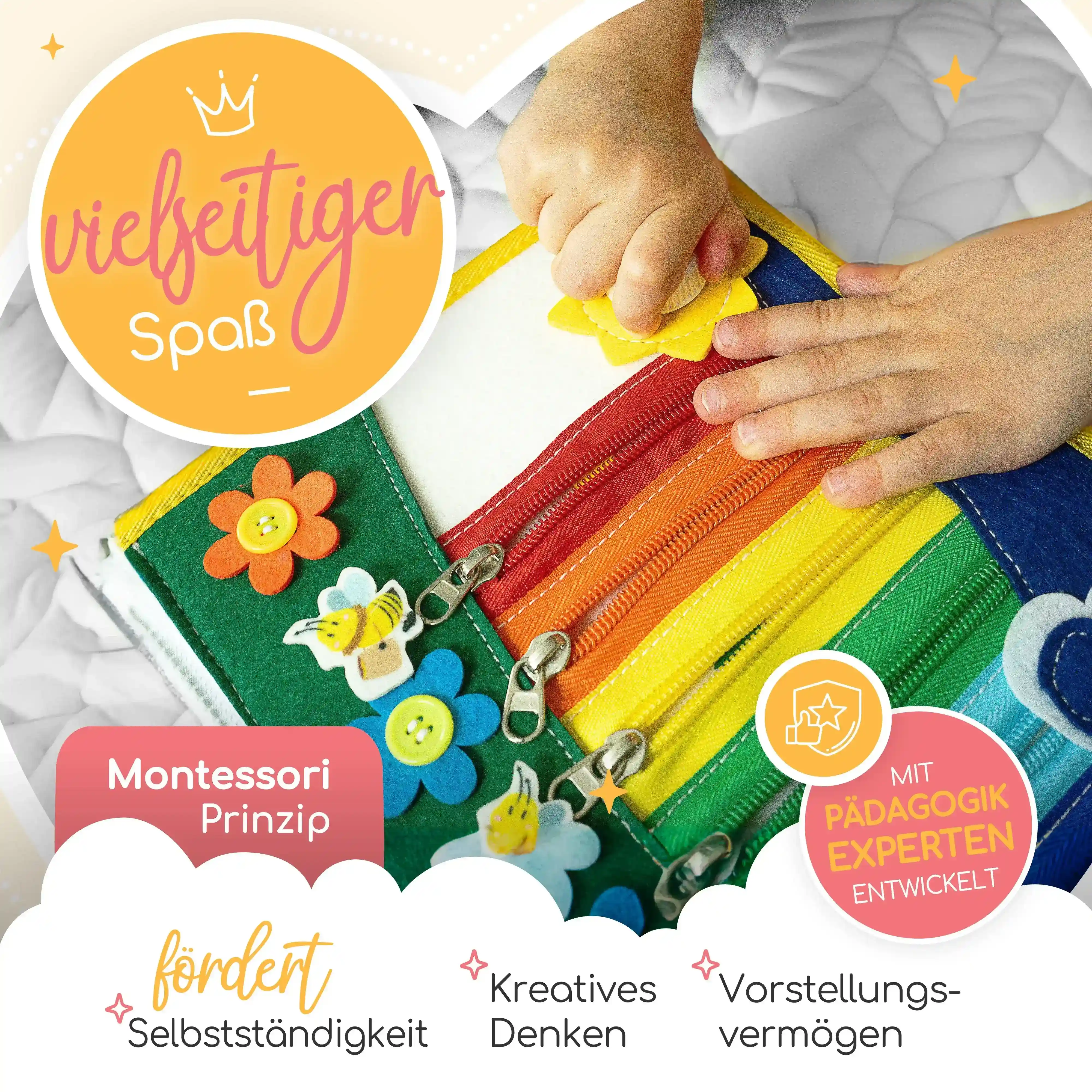 Reißverschlüsse und Aktivitäten am Busy Board Alpaka