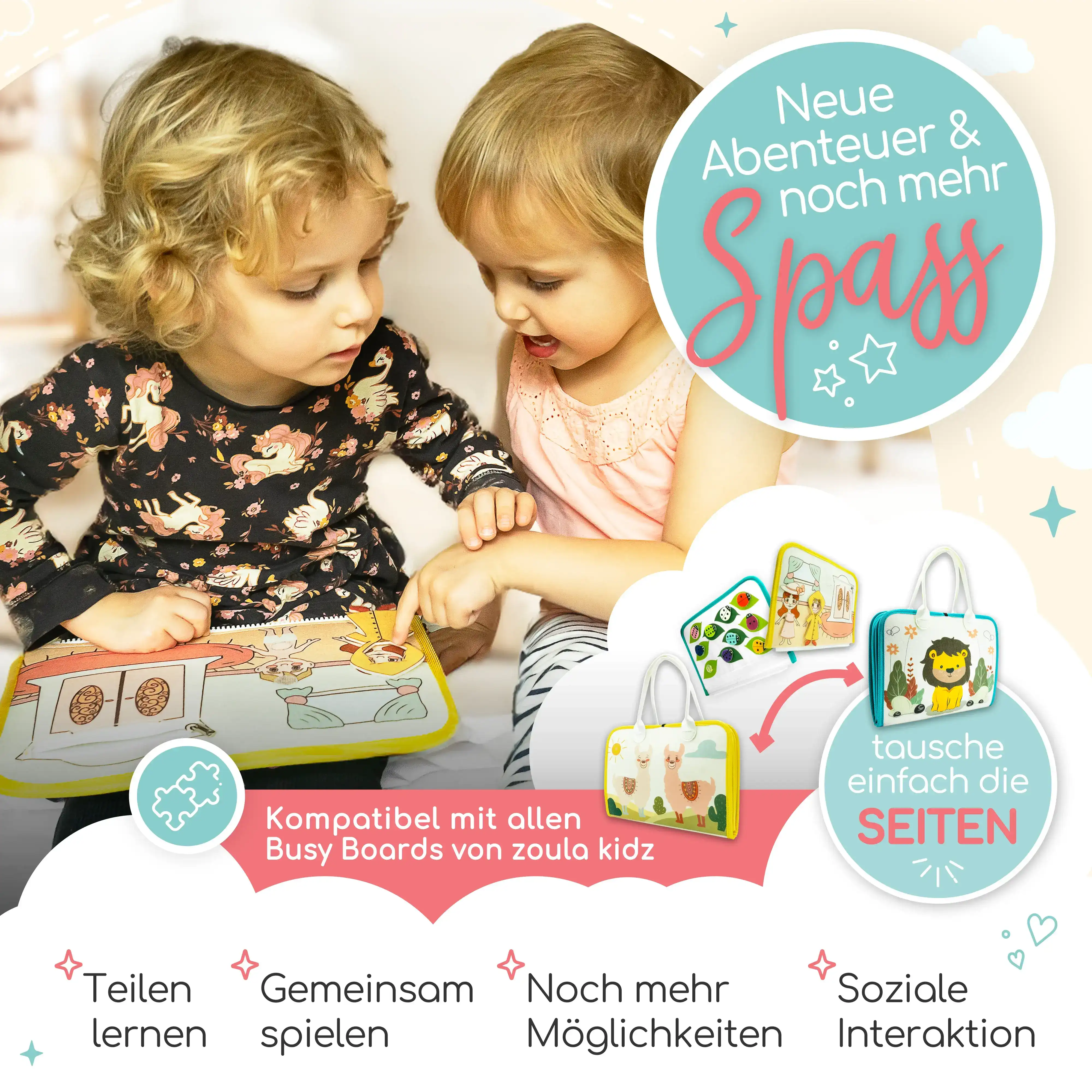 Zwei Mädchen spielen mit dem Busy Board Alpaka