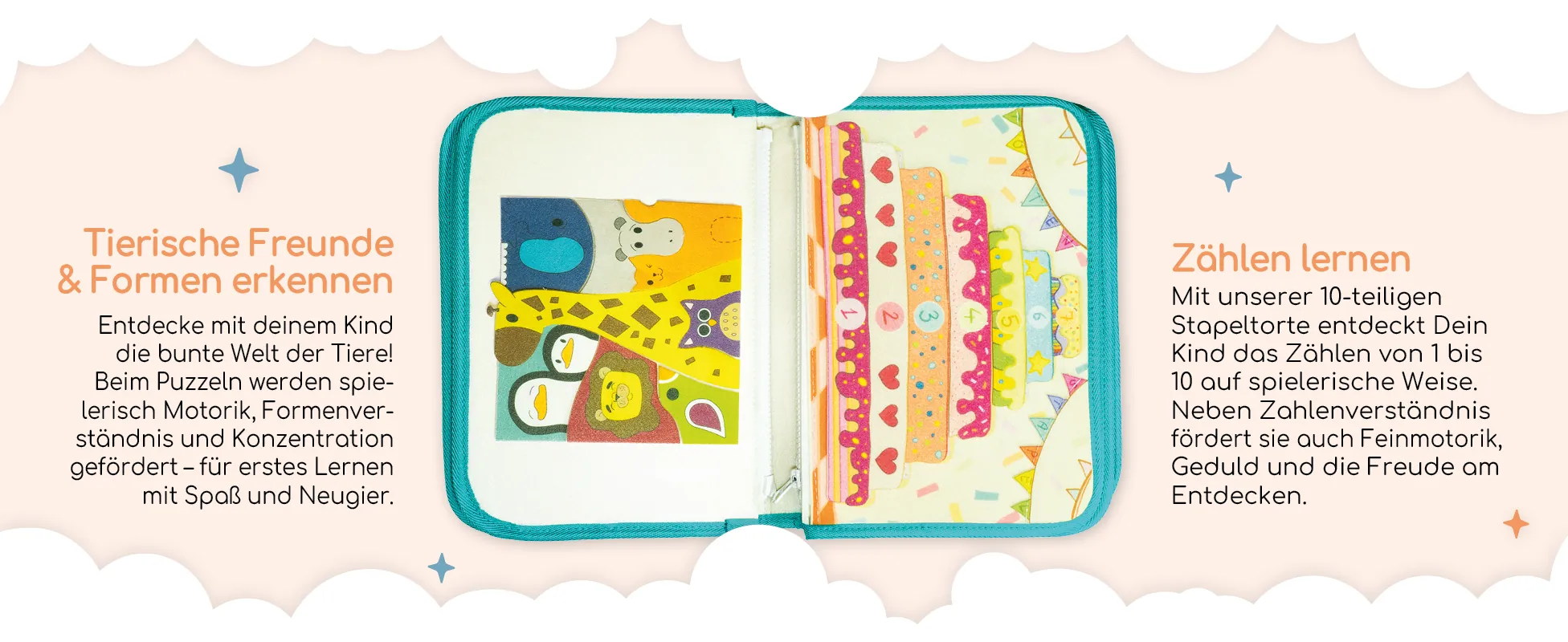 Boho Busy Board - Tierische Freunde, Formen erkennen und Zählen lernen mit der Stapeltorte