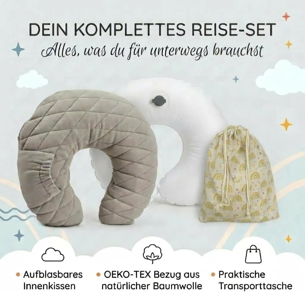 Komplettes Reise-Set: aufblasbares Innenkissen, OEKO-TEX Baumwollbezug und Transporttasche